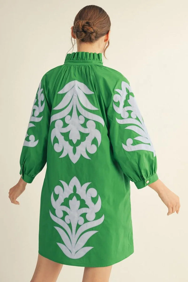 Kelly Green Baroque Floral Applique Shift Dress w Ruffled Neck