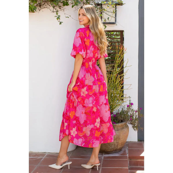 Floral Puff Sleeve Tiered Maxi Dress Pink