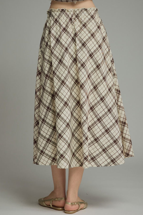 Mocha Plaid Midi Skirt w An Elasticated Waist