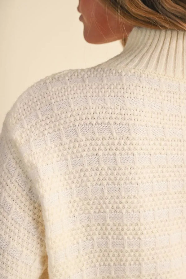 Quilted Ivory Cream Knit Mock Neck Sweater