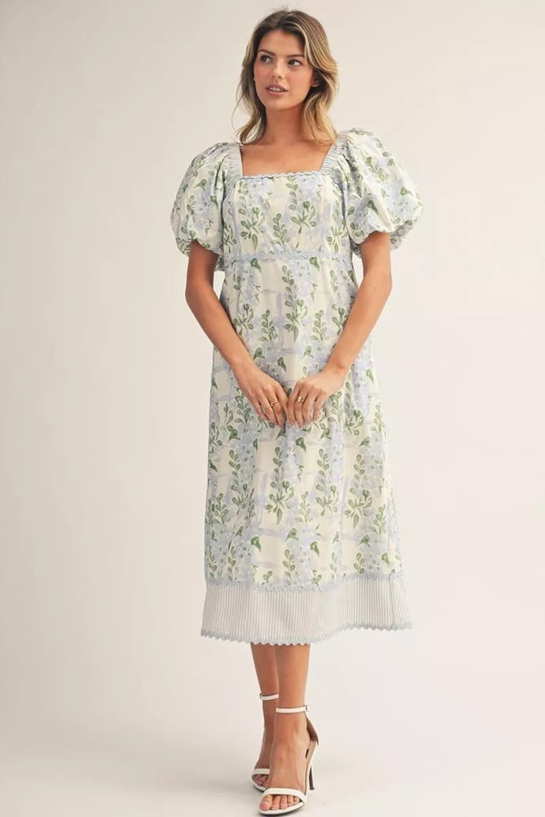 Short Puff Sleeves Square Neck Blue Floral Midi Dress