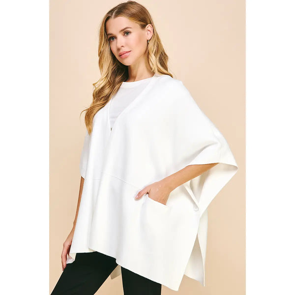 Sweater Cape/Poncho with Side Button - Off White