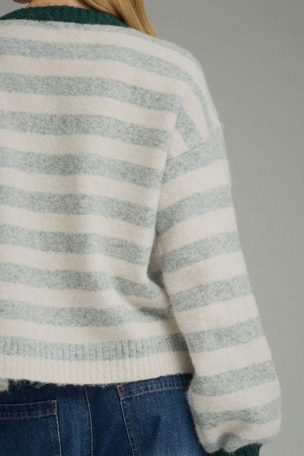 Grey Stripe Long Sleeve Sweater w Contrast Ribbed Trim Neck