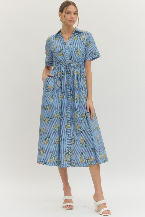Striped Blue Floral Print Midi Dress Featuring Shirt Collar w Drawstring Waist