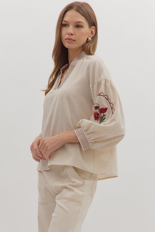 Ecru Long Sleeve Top w Floral Embroidery and Scallop Details