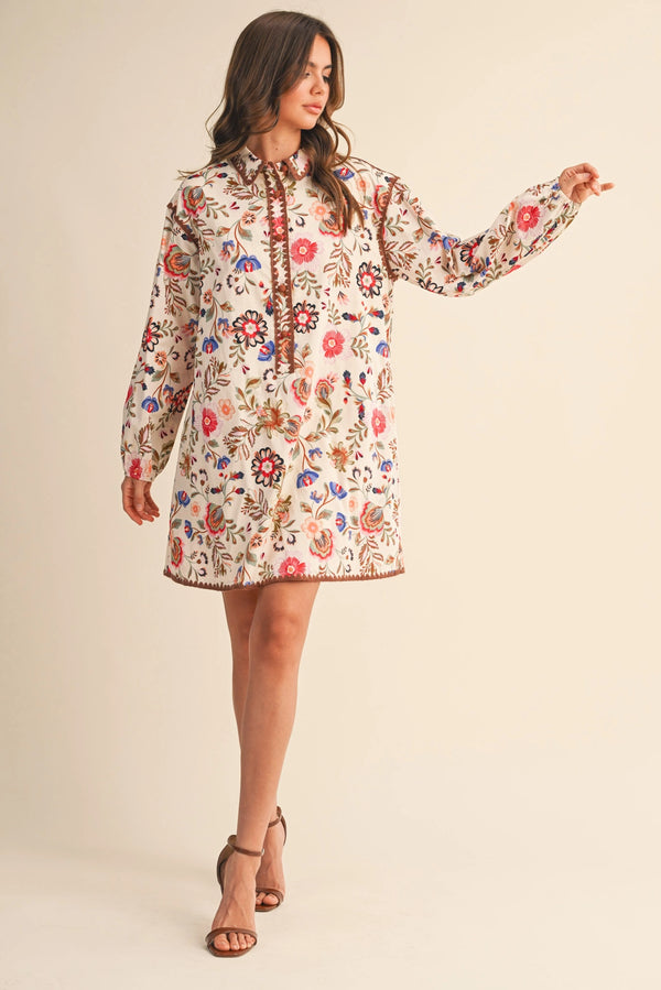 Cream Blanket Stitch Buttoned Mini Dress