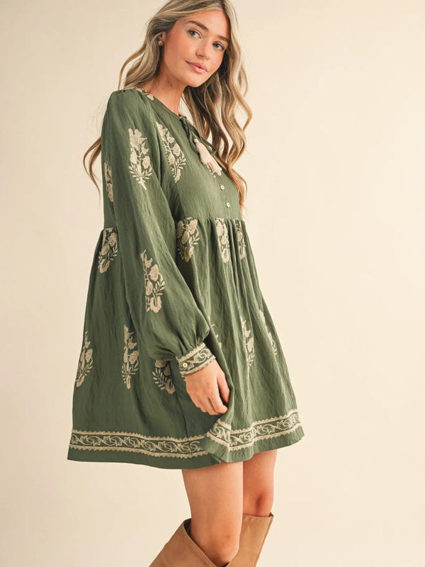Olive Embroidered Long Puff Sleeve Mini Dress