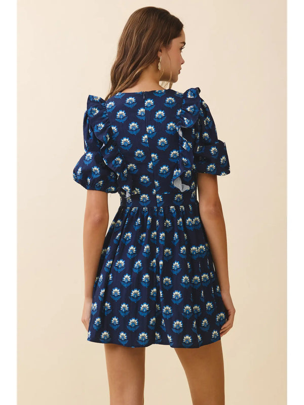 Navy Floral Print V Neck Cascading Ruffle Detail Dress