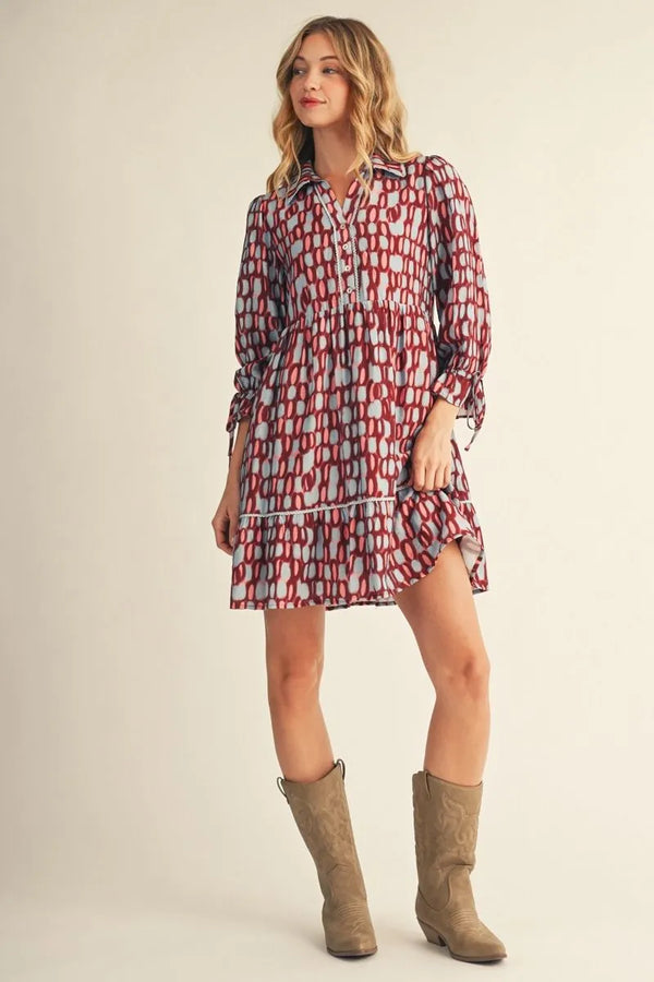 Drawstring Tie Detail Sleeves Burgundy Polka Dot Dress