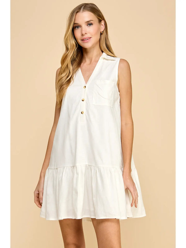 Off- White Sleeveless Dropped Waist Relaxed Fit Shirt Dress