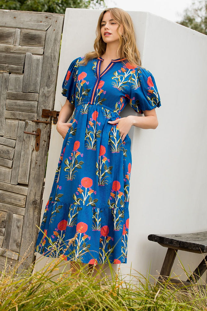 Puff Sleeve Flower Print Maxi Dress