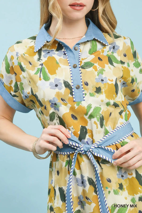 Honey Mix Watercolor Floral Belted Shirt Dress