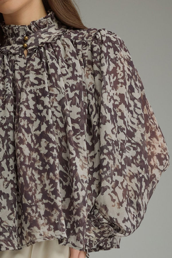 Brown & Ecru Long Puff Sleeve Top w Ruffle High Neckline