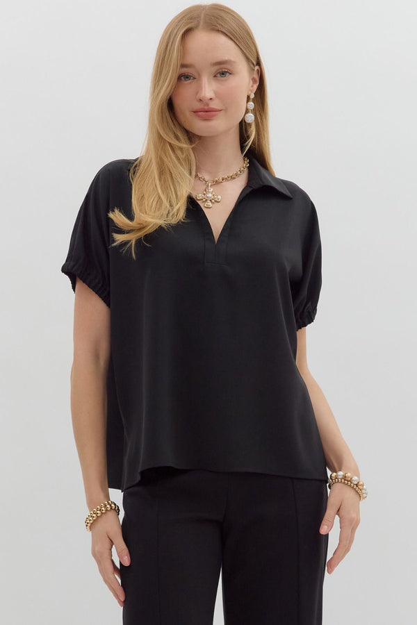 Solid Black Short Sleeve Split Collar