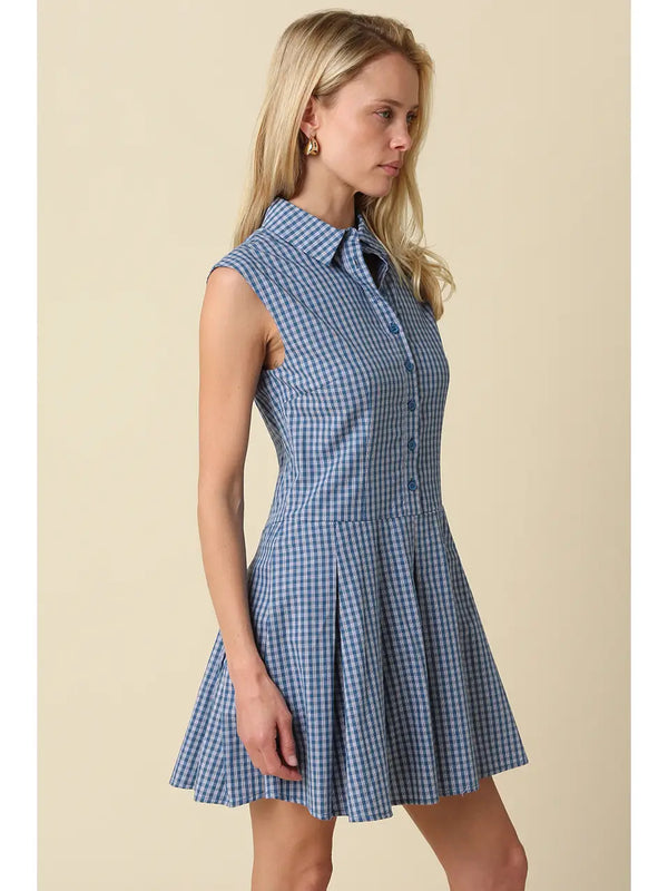 Sarai Gingham Sleeveless Shirt Dress | Teal Blue