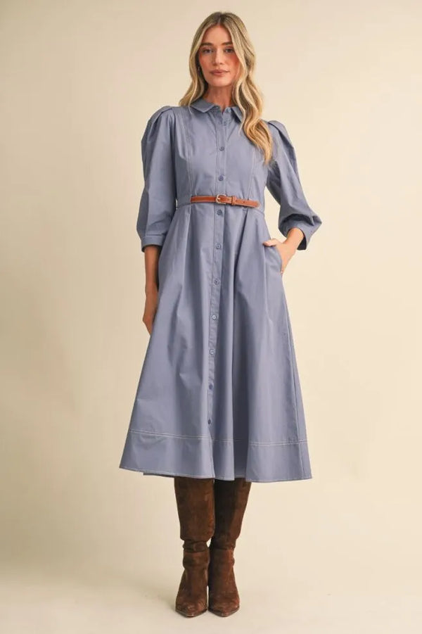 Dusty Denim Blue Belted Button Down Midi Dress