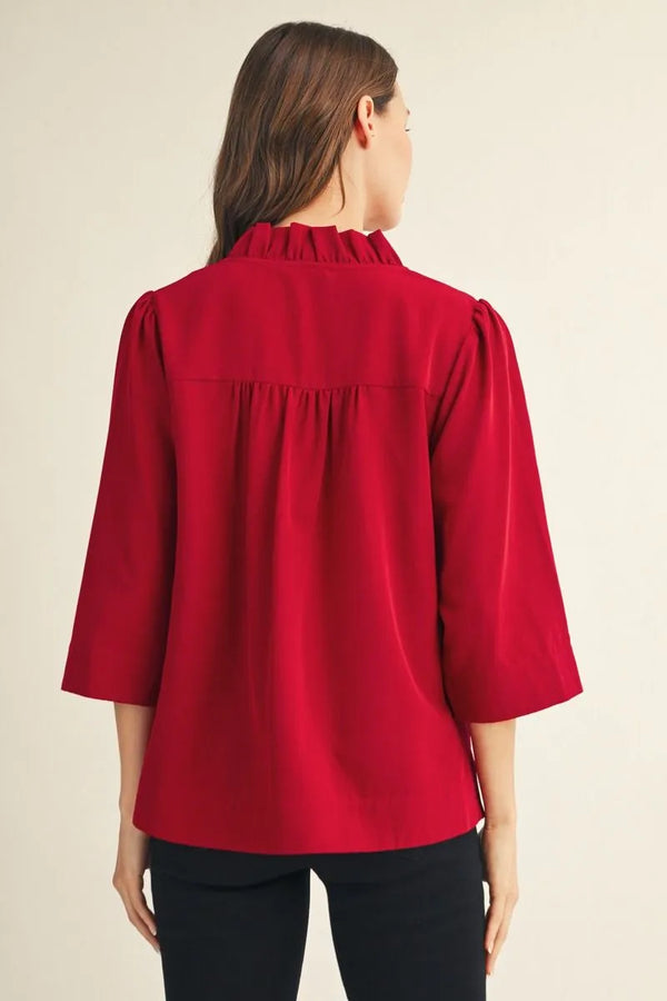 Burgundy 3/4 Sleeves Crinkled Top w Ruffled Neckline