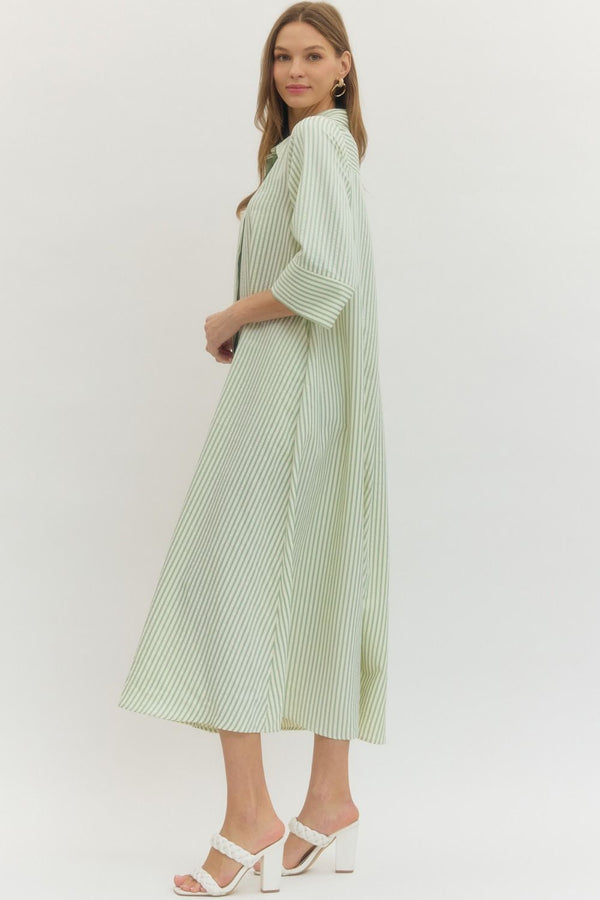 Sage Striped 3/4 Sleeve Midi Dress