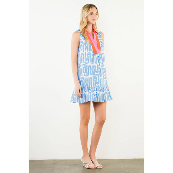 Light Blue Sleeveless Abstract Pattern V-Neck Dress