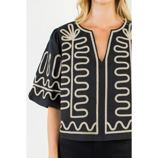 Black Puff Sleeve Embroidery Top