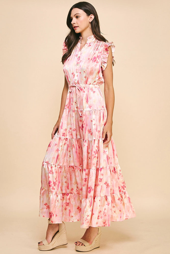 Pink Satin Print Maxi Dress