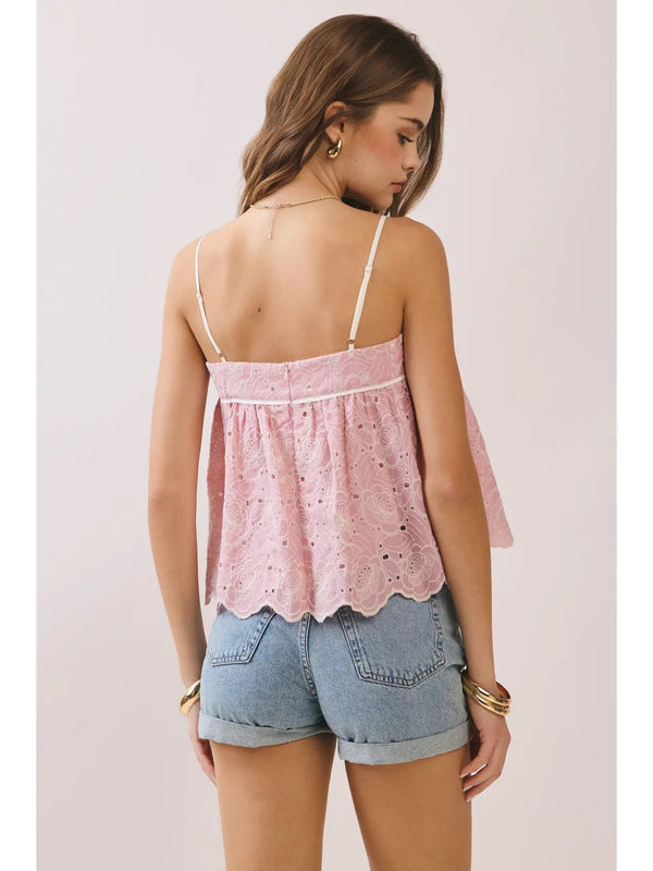 Pink Lace Babydoll Cami Top with Scalloped Hem