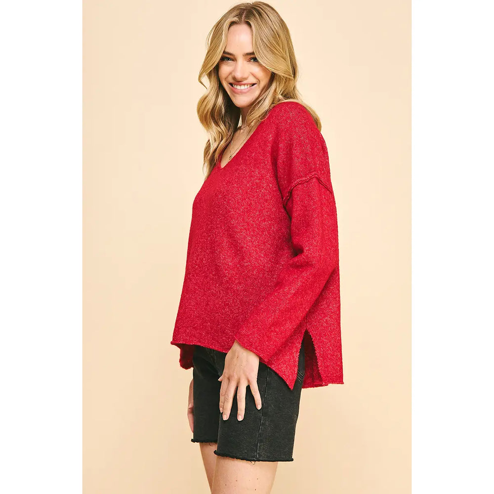 Soft V Neck Knit Sweater - Red