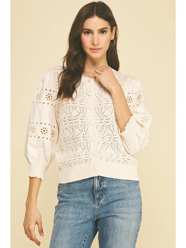 Eyelet & Knit Mixed Button Down Cardigan