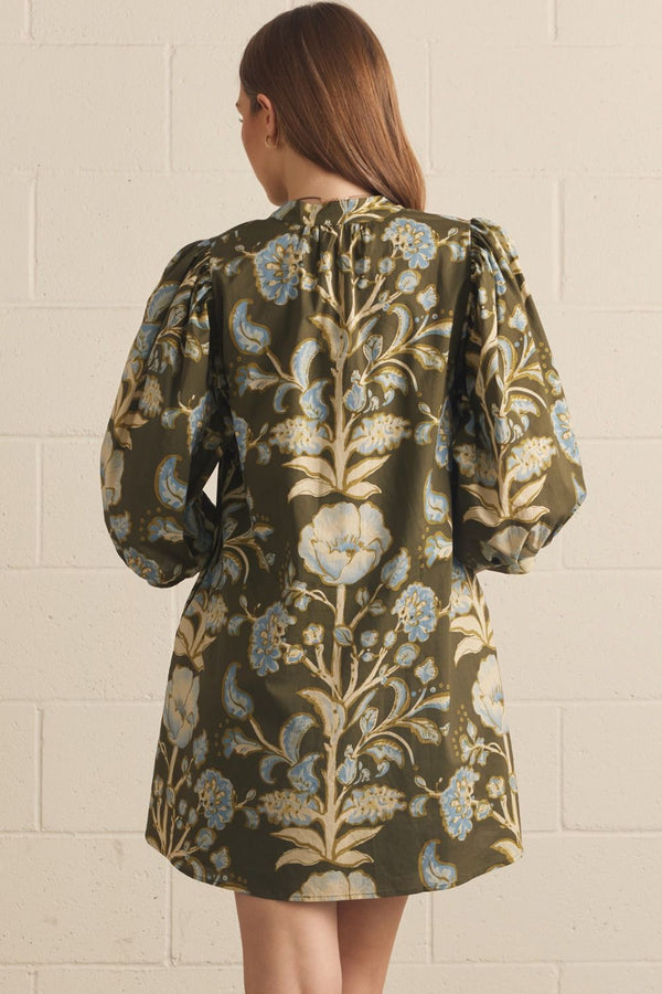 Floral Print Olive 3/4 Puff Sleeve Mini Dress