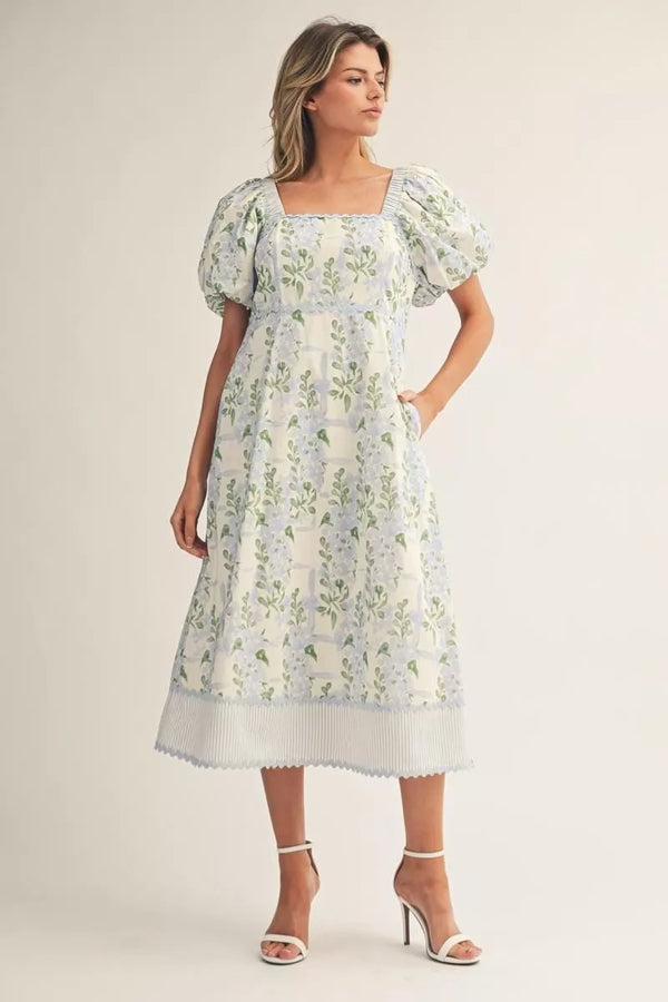 Short Puff Sleeves Square Neck Blue Floral Midi Dress