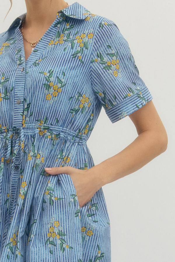 Striped Blue Floral Print Midi Dress Featuring Shirt Collar w Drawstring Waist