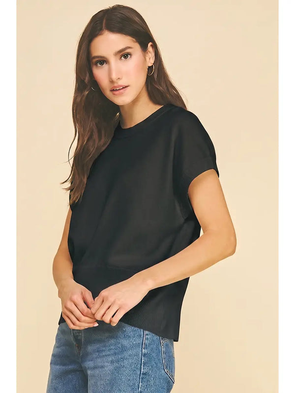 Black Solid Cap Sleeve Knit Top