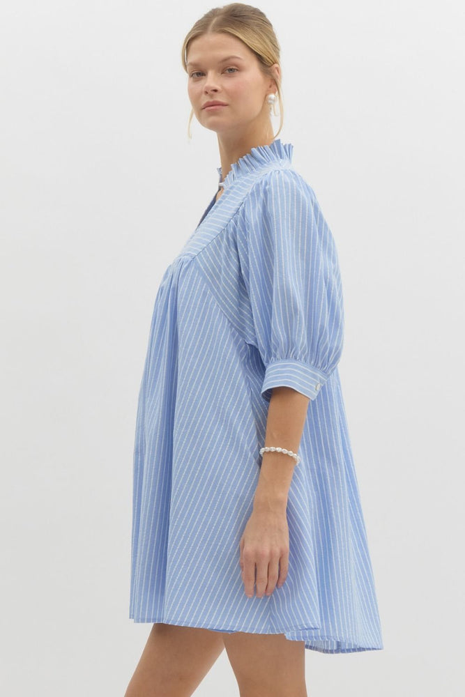 Pinstripe V-Neck Dress - Chambray