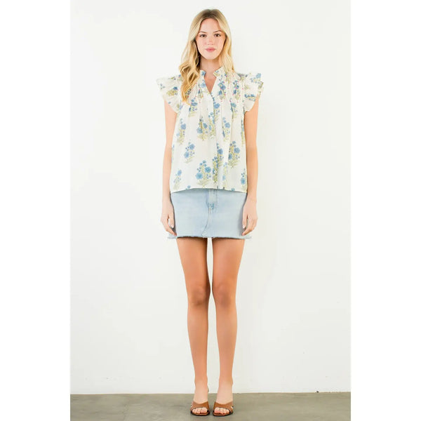 Cream Flutter Sleeve w Floral Pattern Top