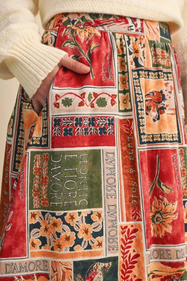 Amber Multi Patch Print A-line Midi Skirt