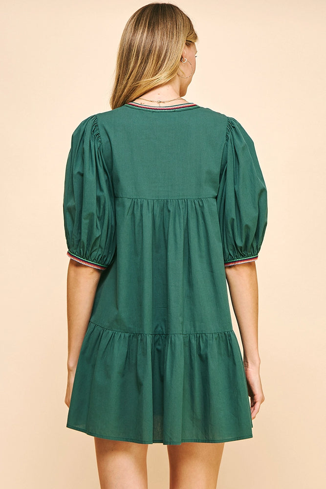 Tape Trim Mini Dress - Hunter Green