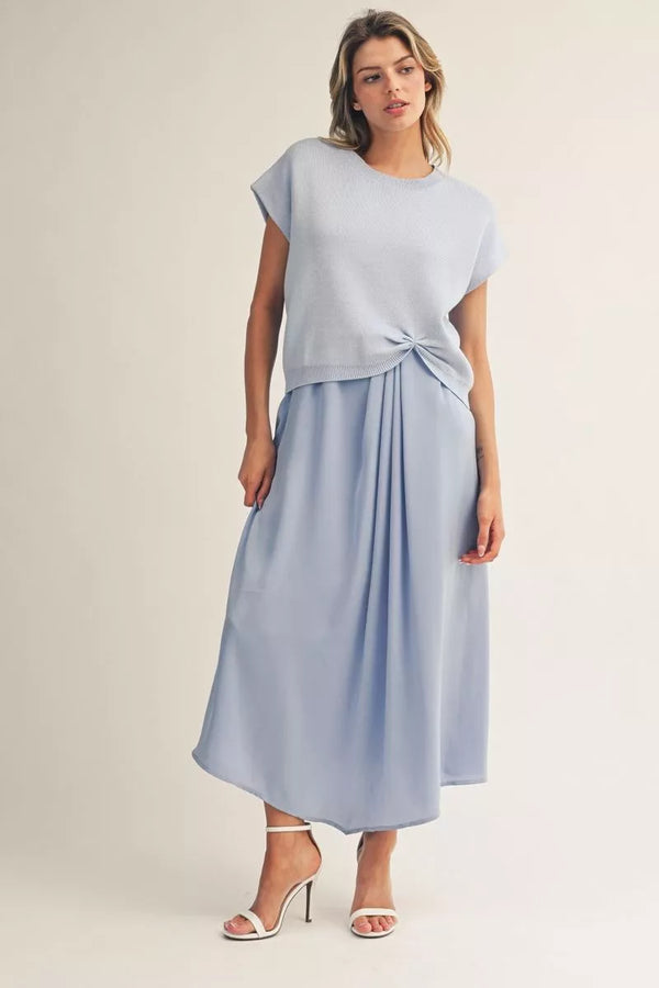 Short Drop Shoulder Sweater Top w Knot Paired w Solid Midi Dress