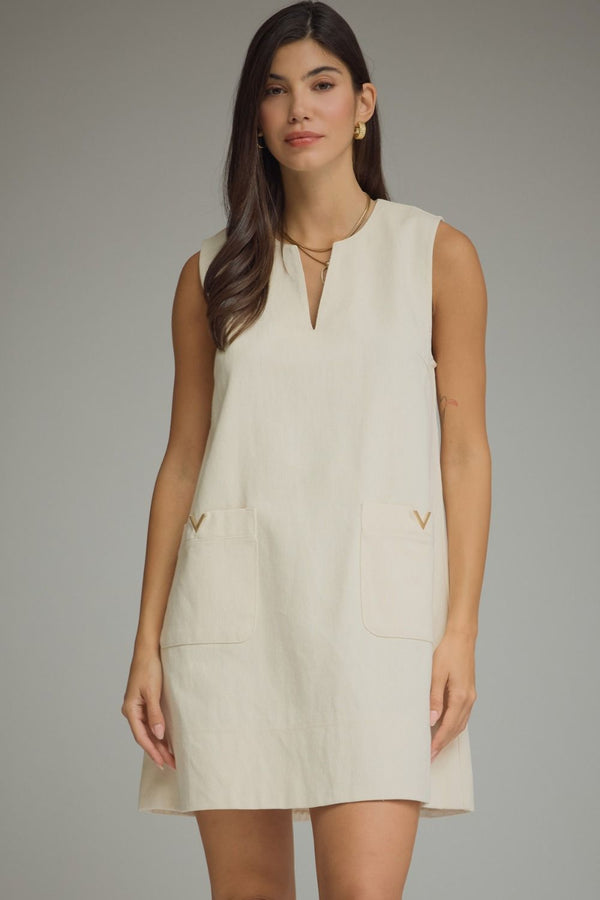 Ecru Mini Dress Featuring Front Pockets With Metal Accent