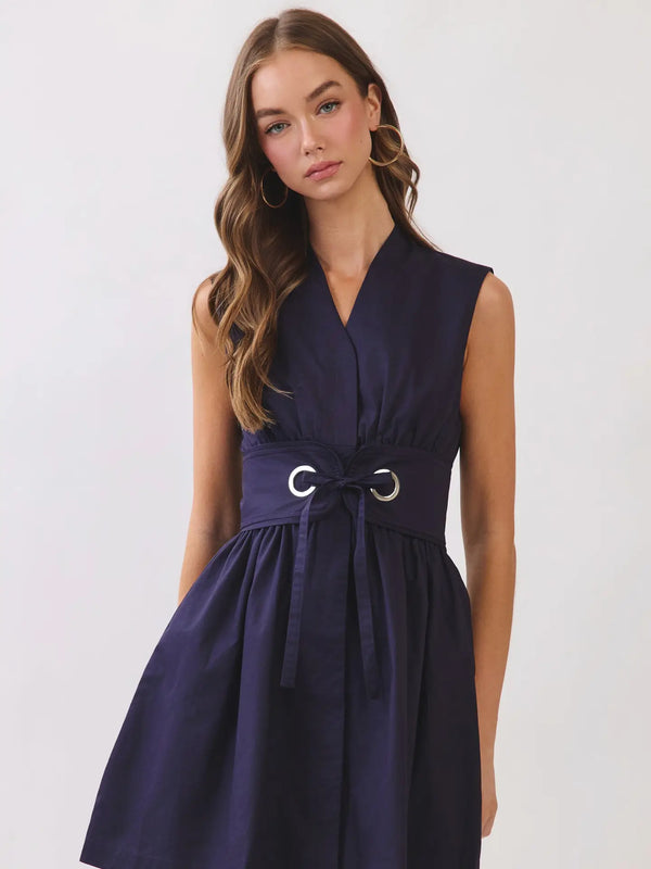 Navy Sleeveless Fit & Flare Waist Belt Mini Dress