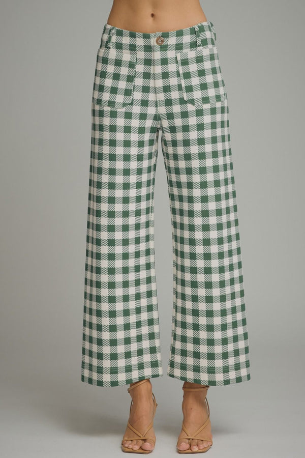 Green Gingham Wide Leg Pants Featuring Front Patch Pockets