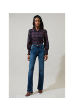 Chapman Plaid Split Neck Top Navy