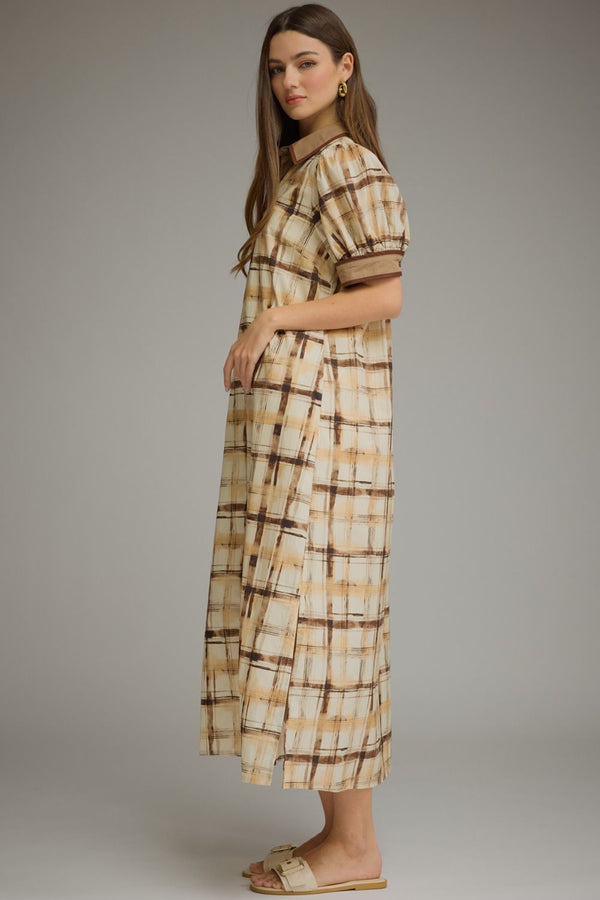 Brown Plaid Puff Sleeve Midi Dress w Contrast Trim