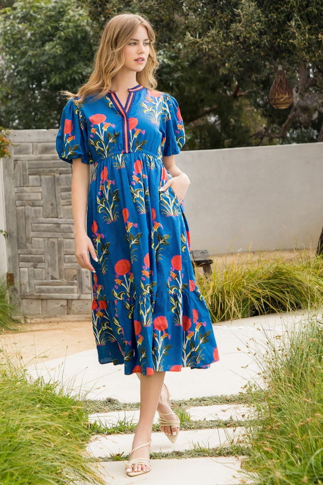 Puff Sleeve Flower Print Maxi Dress