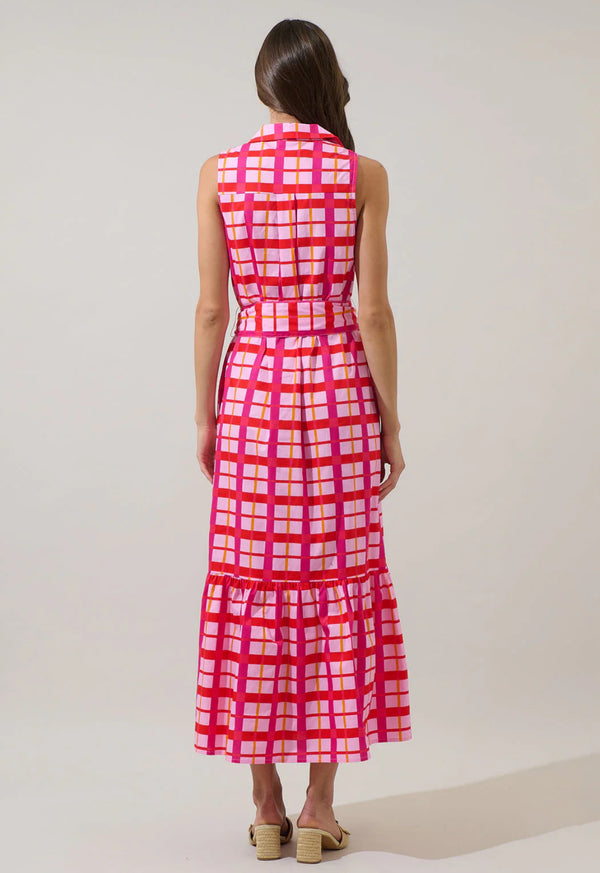 Darvy Pink & Orange Checker Cileah Collared Maxi Dress