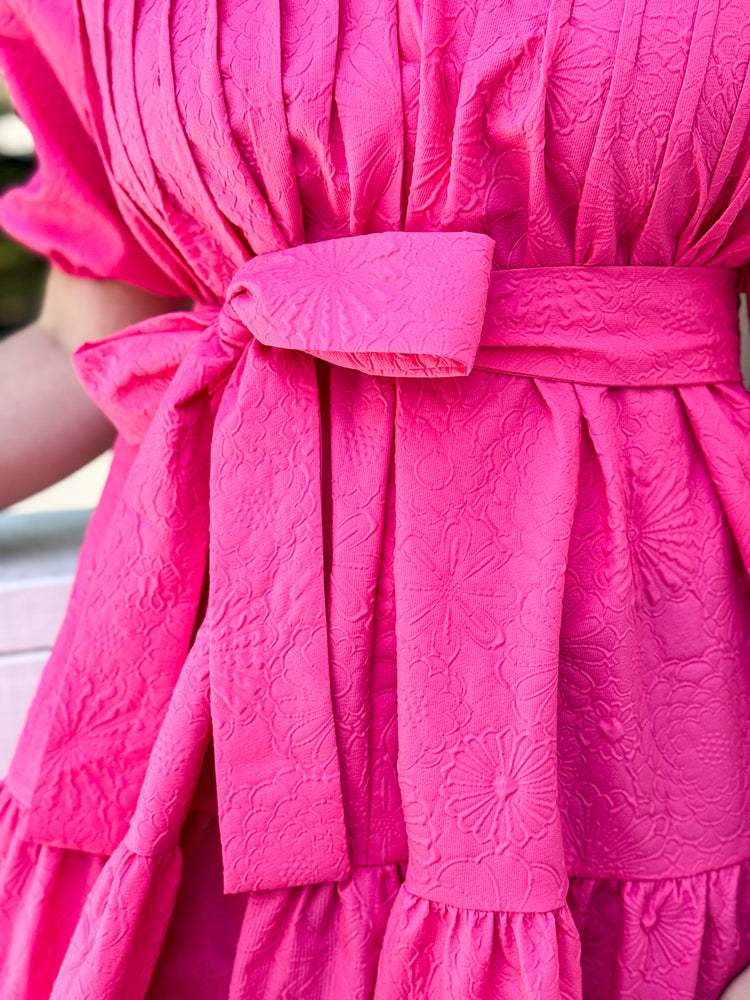 Hot Pink Textured Puff Sleeve Dress