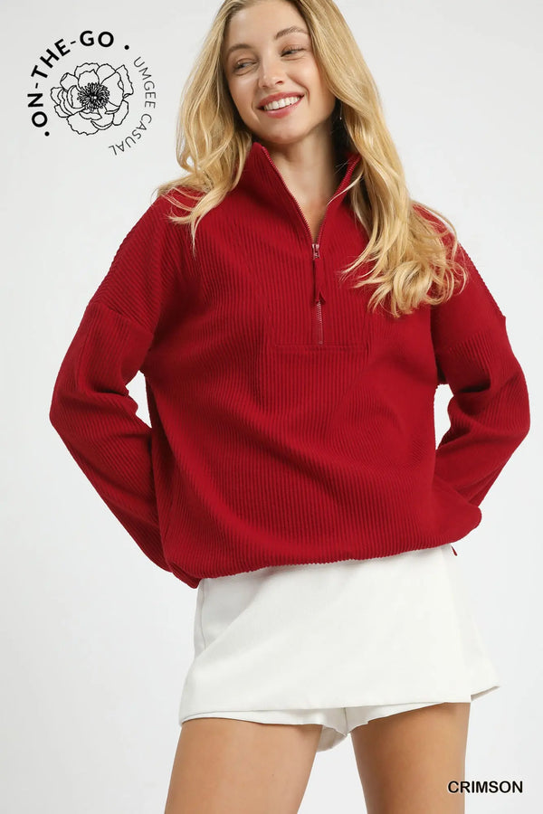 Crimson Ribbed Half-Zip Pullover