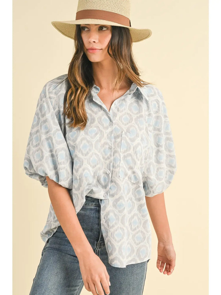 Geometric Printed Bubble Sleeve Button Down