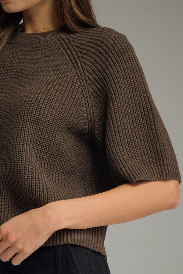Brown Short Sleeve Sweater Textured Knit Top