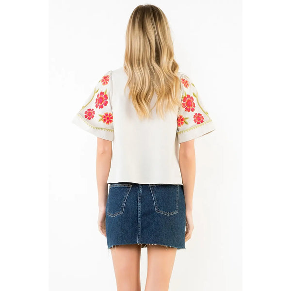 Short Sleeve Floral Embroidery Detail Top Beige