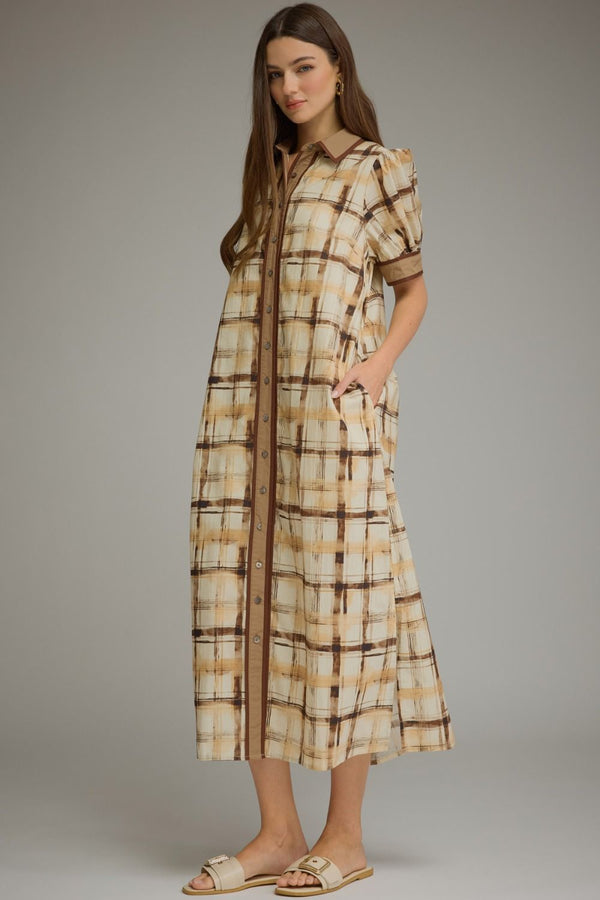 Brown Plaid Puff Sleeve Midi Dress w Contrast Trim